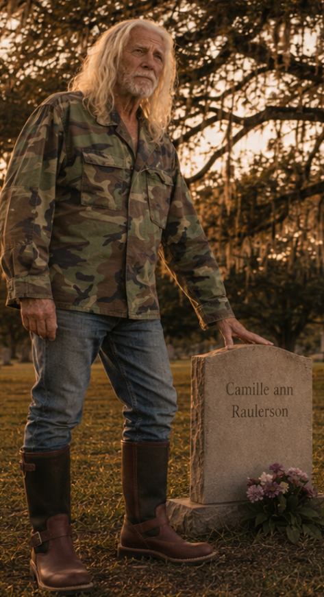 Kenneth Speedy Raulerson standing beside his mother's grave
